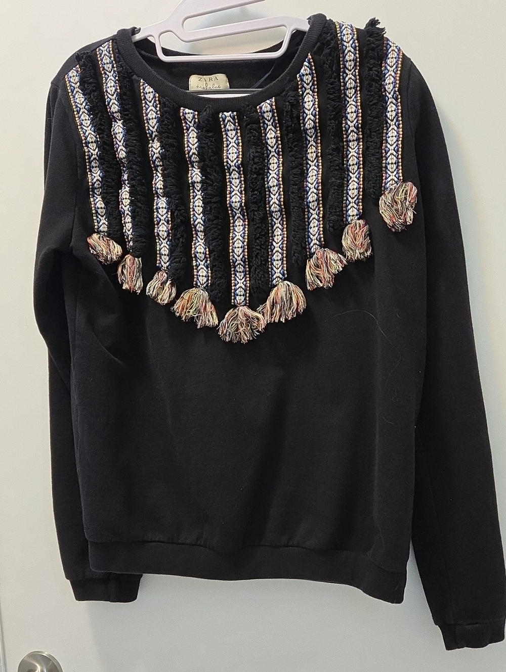Zara Black Sweatshirt with Multicolor Tassel Yoke